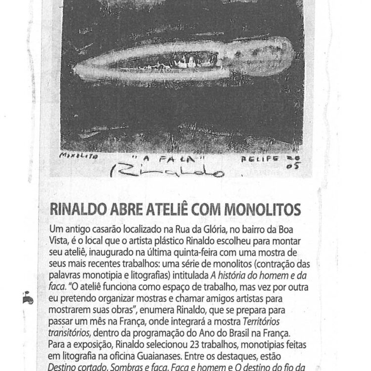 Cópia do Caderno C, Jornal do Commercio, com matéria “Rinaldo Silva abre Ateliê com monolitos” o grupo Totem mostra a performance “Duplo Faca Destino”