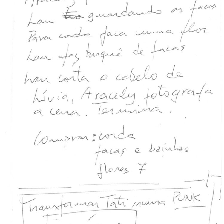 Trecho do roteiro, manuscrito, da performance “Duplo Faca Destino”