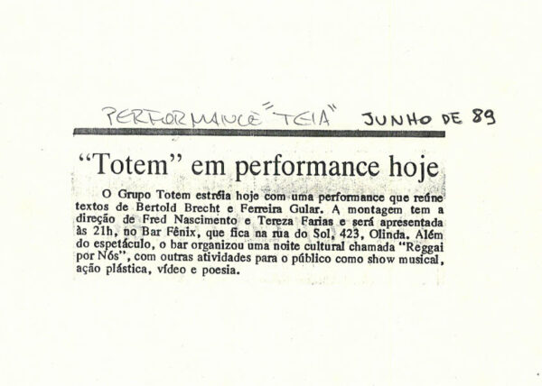 Nota de Jornal sobre a estreia da performance “Teia”, bar Fênix, em Olinda