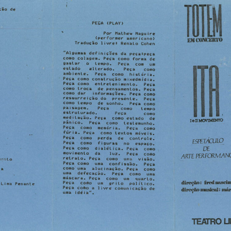 Programa do espetáculo “ITA” I e II movimento, para apresentação no Teatro Lima Penante, João Pessoa-PB