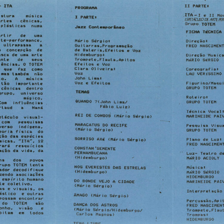 Programa do espetáculo “ITA” I e II movimento, para apresentação no Teatro Lima Penante, João Pessoa-PB