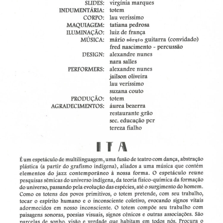 Programa do espetáculo “ITA” V Movimento.