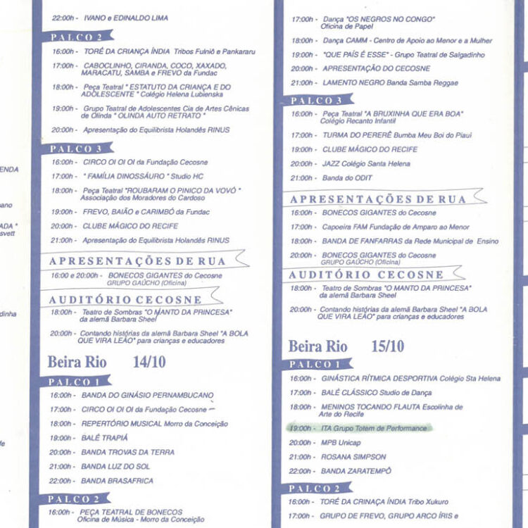 Programa do Beira Rio, Criança: e teu futuro?, Festival Internacional da Criança, que contou com apresentação do espetáculo “ITA” em sua programação.