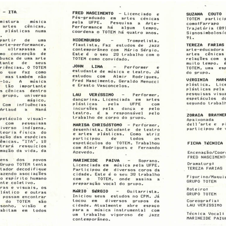 Programa do espetáculo “ITA” I Movimento, realizado no Espaço Pasárgada.